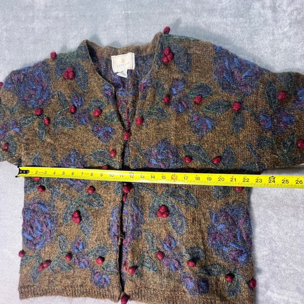 Vintage Express Tricot Womens Medium Mohair Blend Cardigan Floral Pom Pom Chunky - Picture 5 of 9